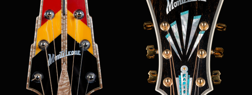 Closeup detail of two ornate guitar headstocks