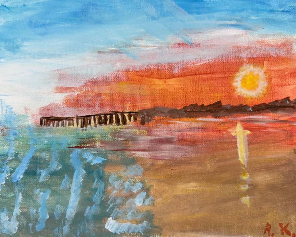 painting of a pier at sunset